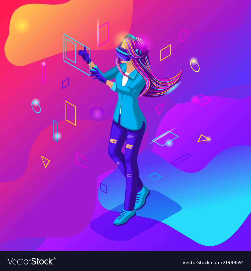 Isometric girl playing in a virtual game the teen