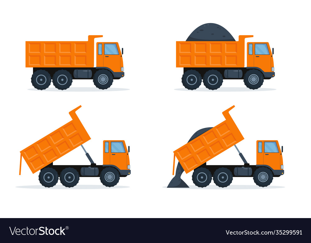 Set orange dump trucks on white background vector image Set orange dump trucks on white background