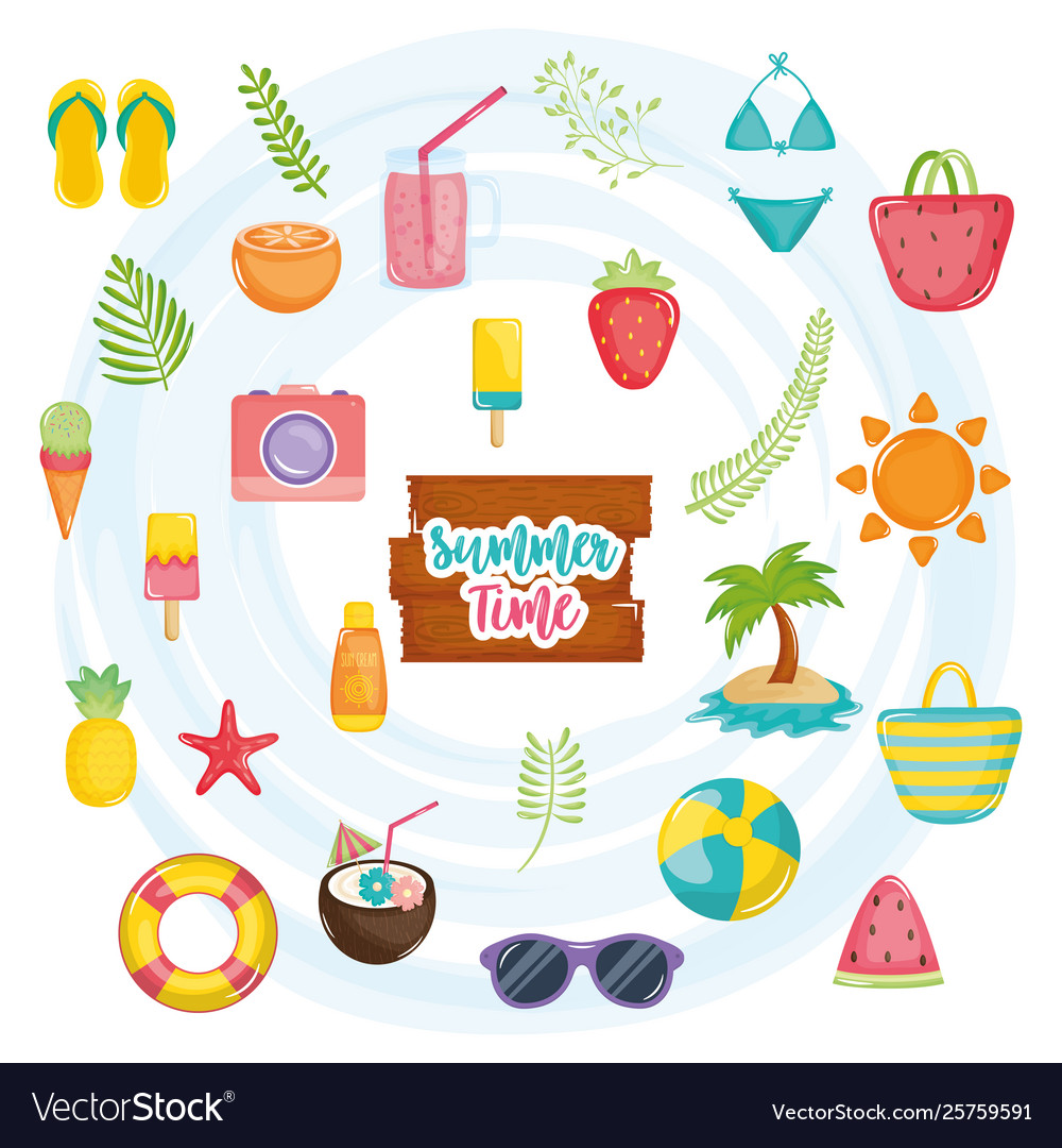 Summer time poster with wooden label and icons