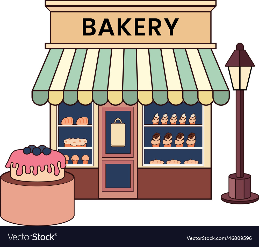 Bakery with cake in doodle style