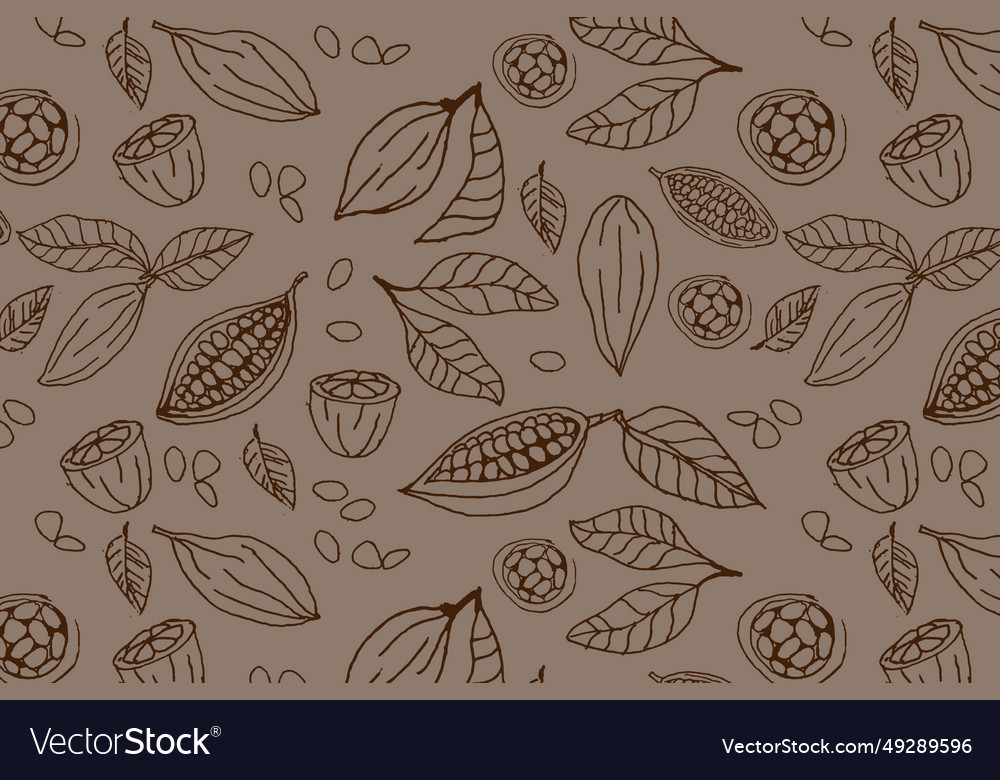 Cocoa beans and leaves - seamless pattern vector image Cocoa beans and leaves - seamless pattern
