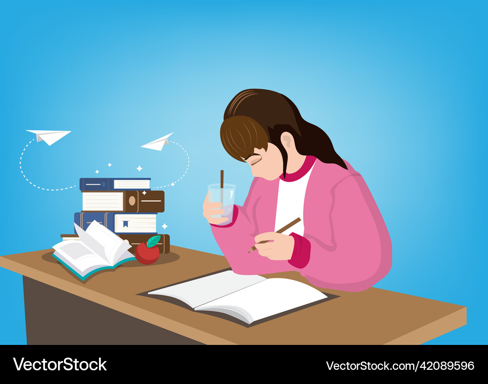 Girl doing homework and reading for exams Vector Image
