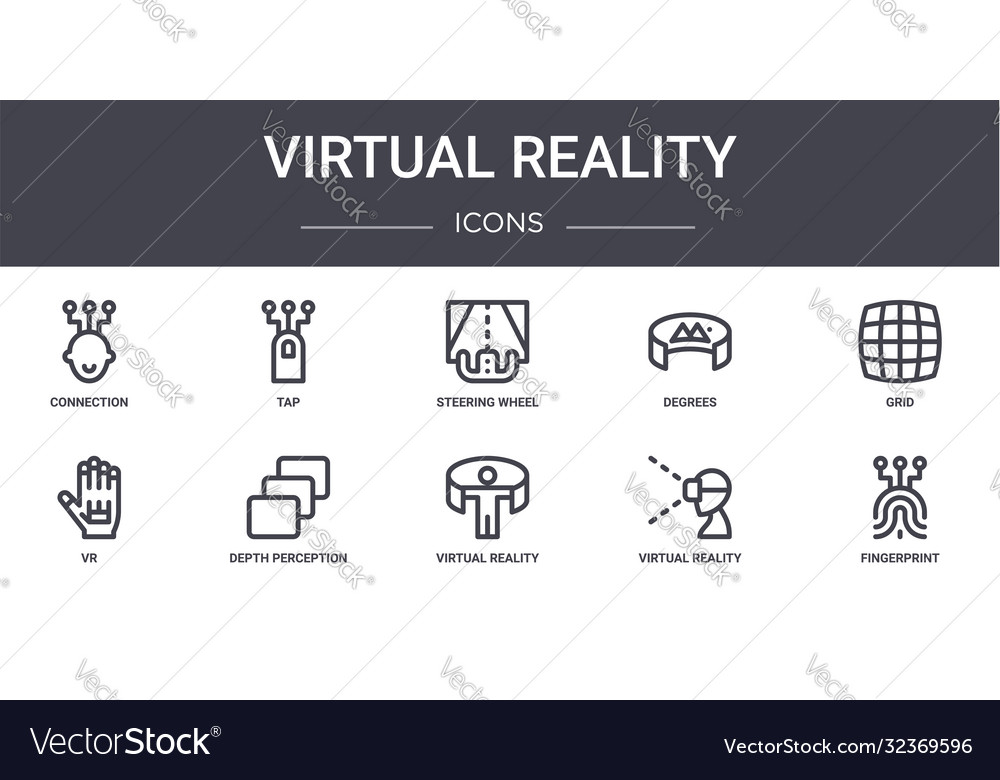Virtual reality concept line icons set contains Vector Image Virtual reality concept line icons set contains