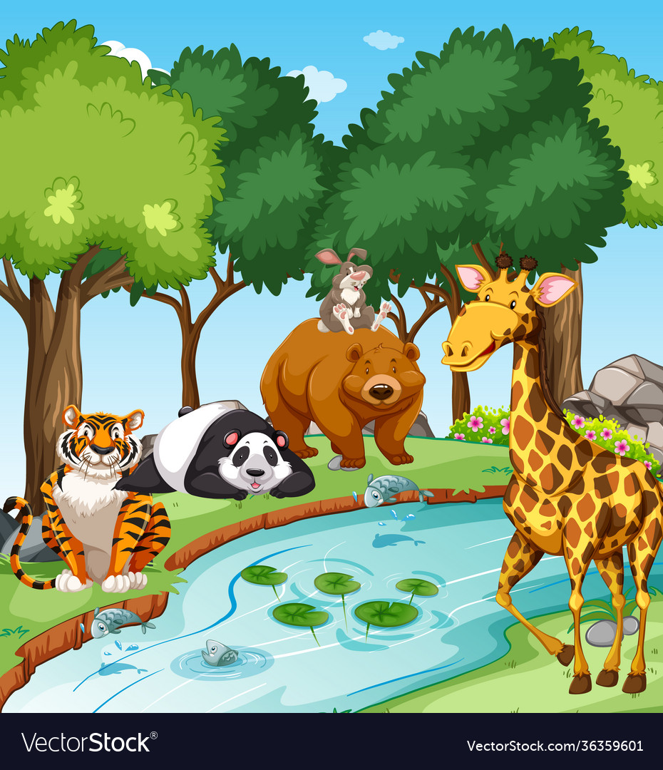 Wild animals in forest at day time scene Vector Image Wild animals in forest at day time scene Vector Image