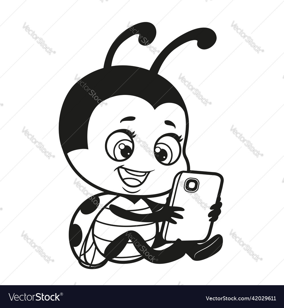 Cartoon cute ladybug with phone in hand outlined