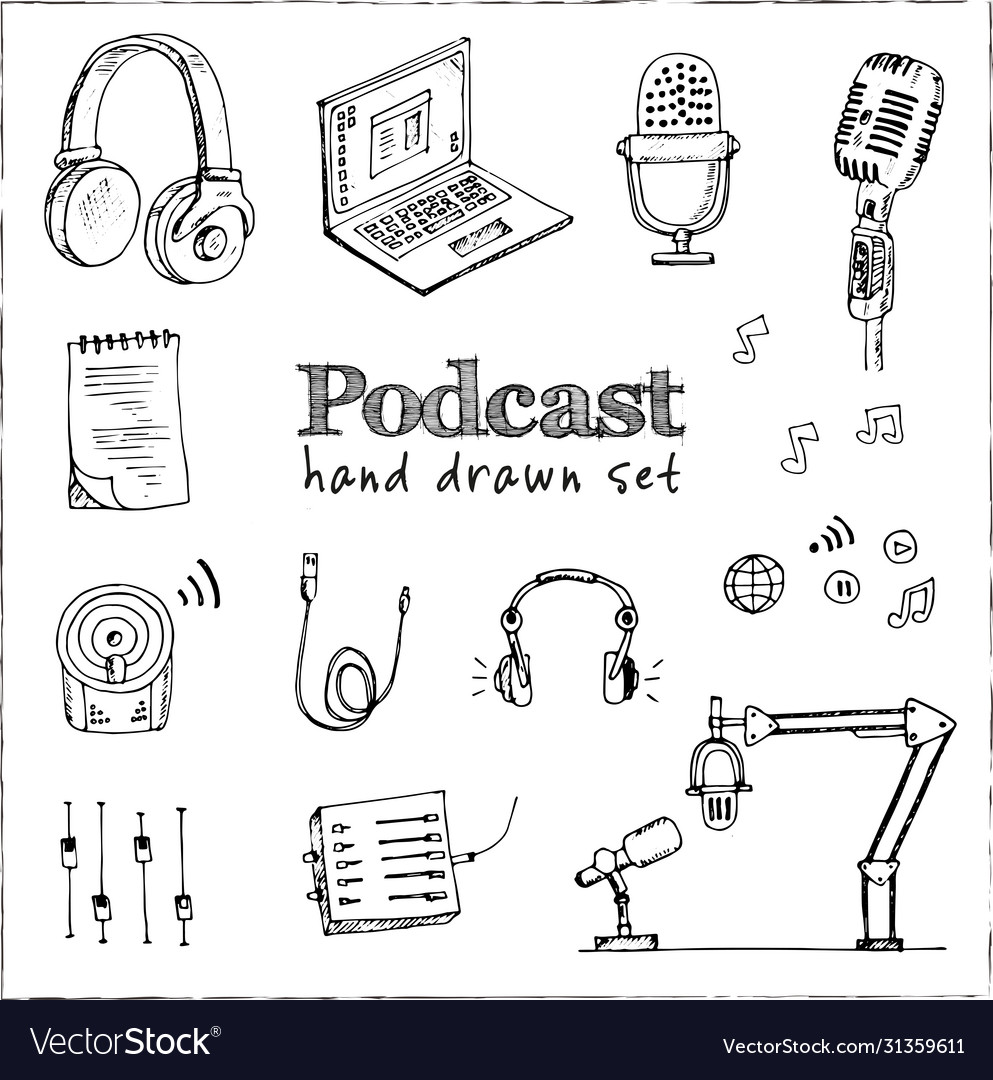 Podcast isolated hand drawn doodles set