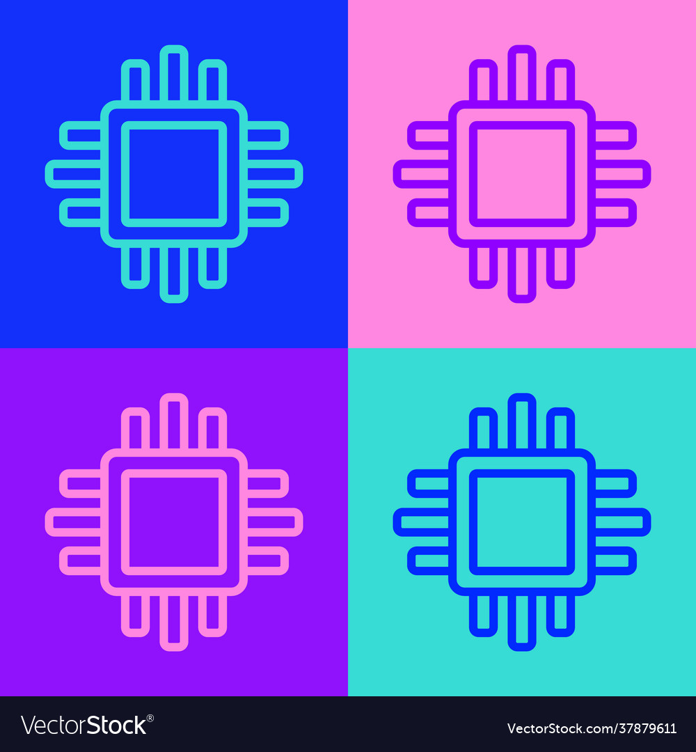 Pop art line computer processor with microcircuits vector image Pop art line computer processor with microcircuits