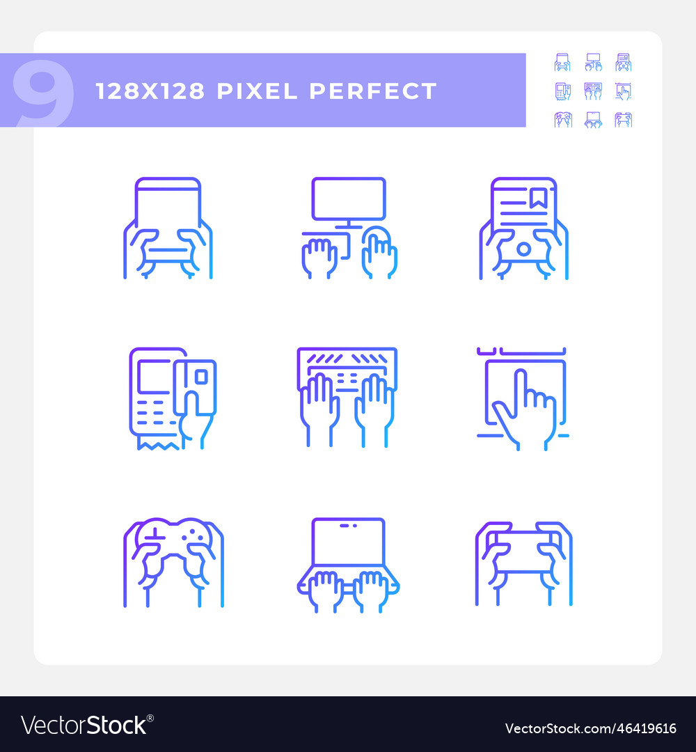 Hands using gadgets pixel perfect gradient linear vector image Hands using gadgets pixel perfect gradient linear
