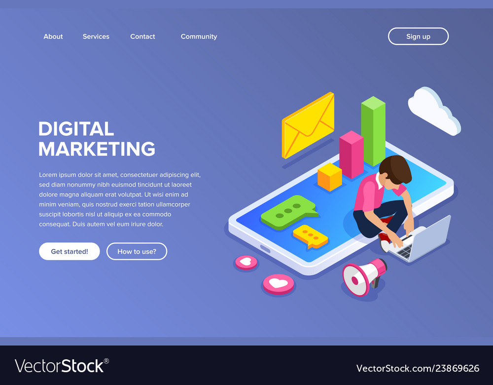 Isometric digital marketing concept guy sets up