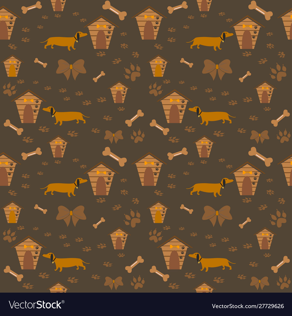 Seamless dachshund dog pattern with bones bows