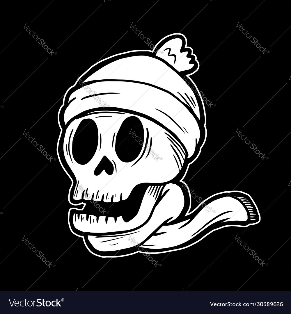 Smiling skull head wearing knitted beanie hat