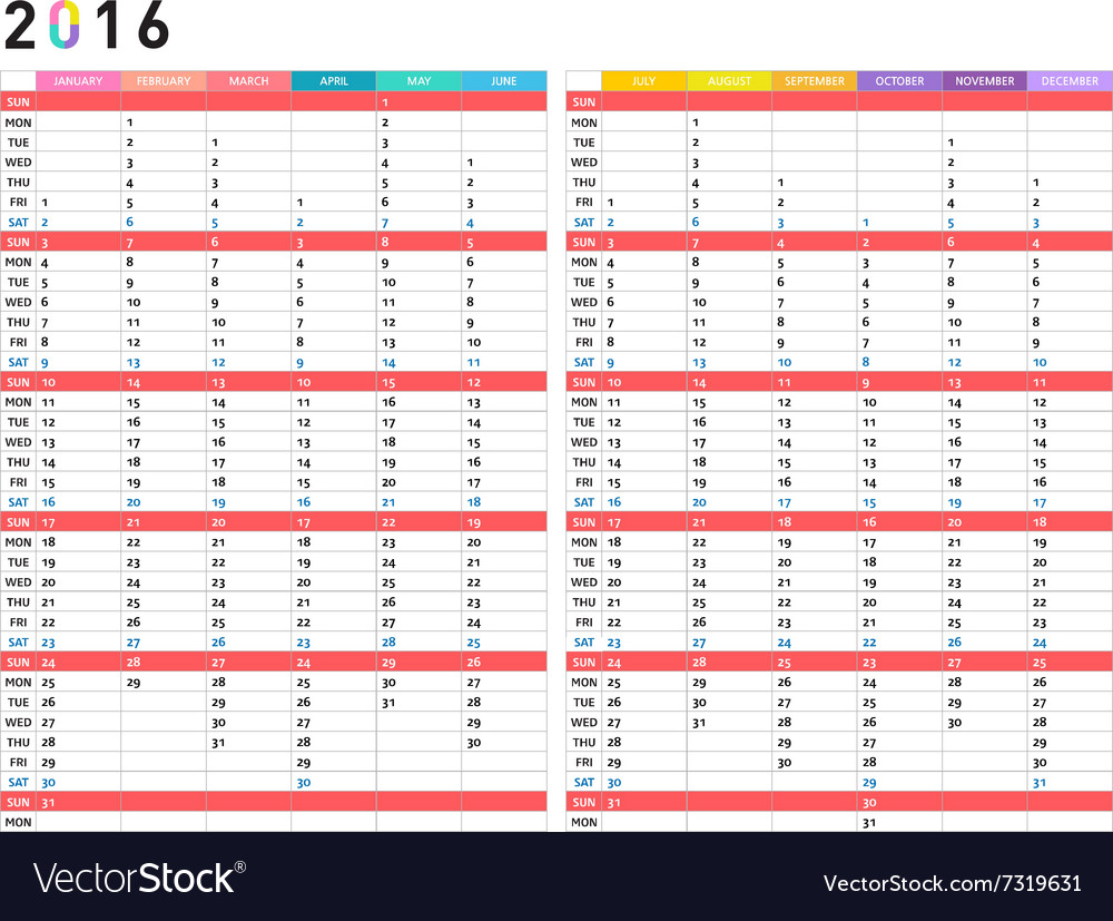 2016 colorful calendar Royalty Free Vector Image