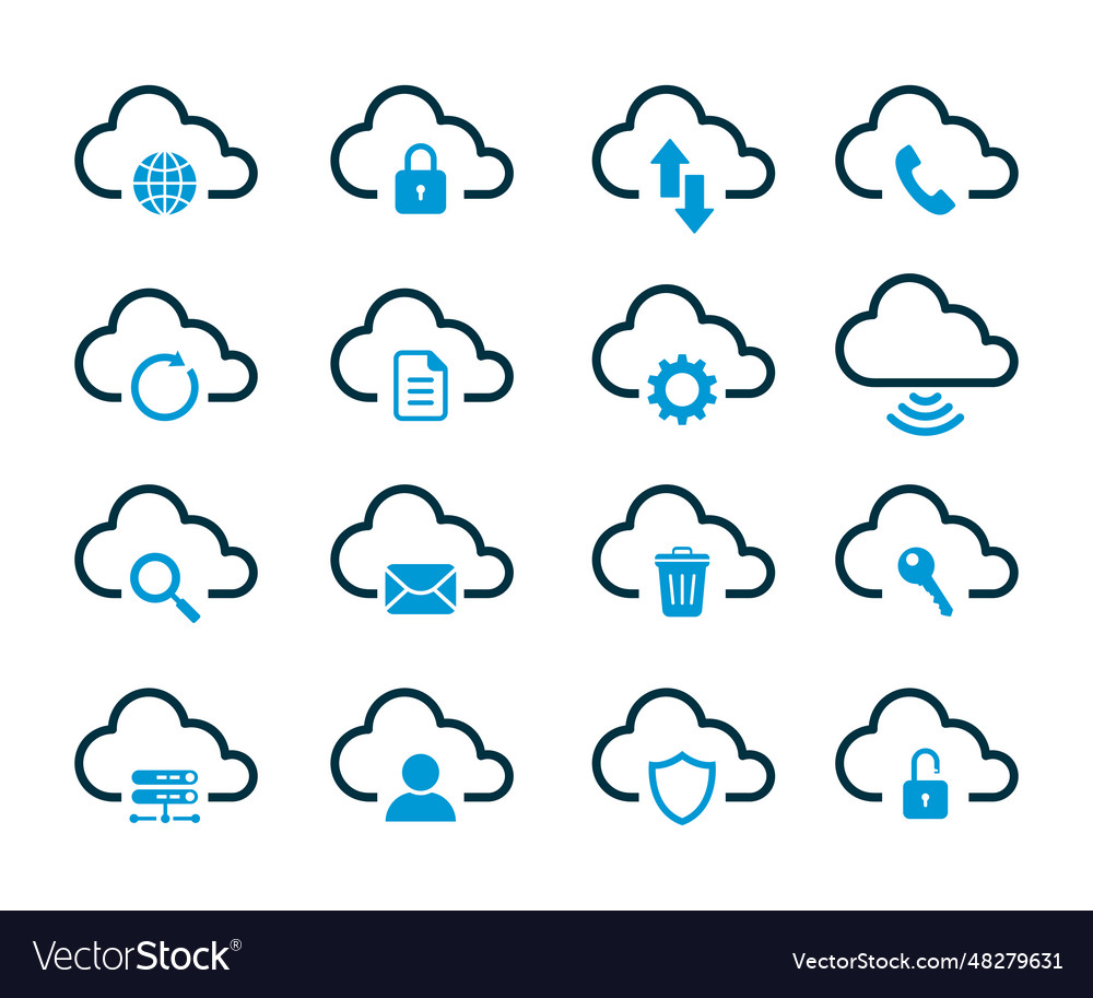 Cloud computing icon set and contains such icons vector image Cloud computing icon set and contains such icons