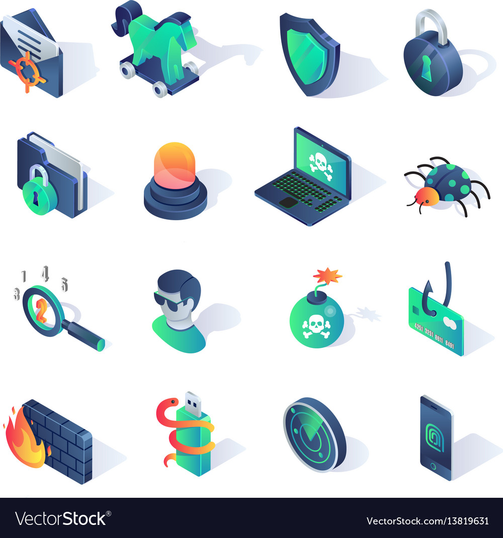 Cyber Security Isometric Flat Icons Royalty Free Vector