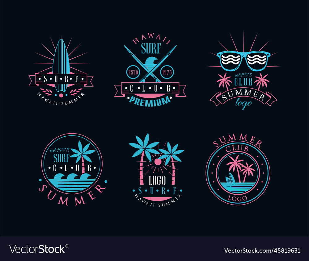 Surf club logo and summer retro label design vector image Surf club logo and summer retro label design
