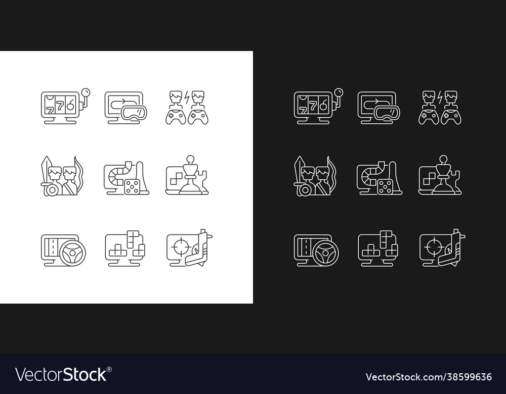 Online gameplay linear icons set for dark