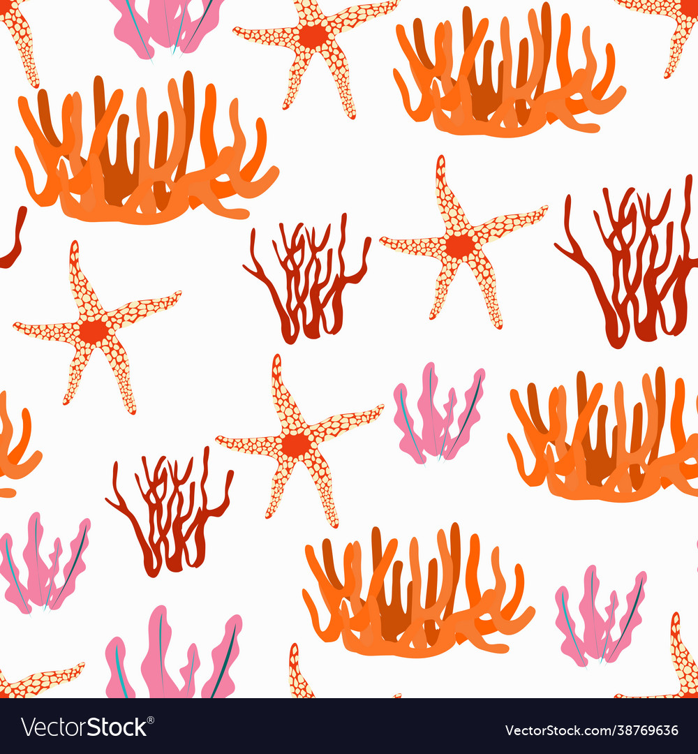Seamless pattern with corals and starfish