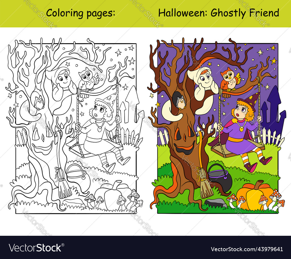 Coloring and color halloween witch ghost