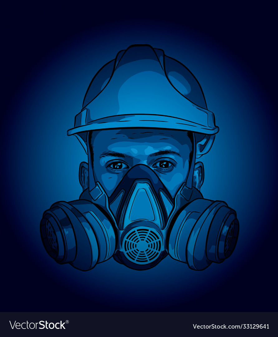 Human face with gas mask and hard hat