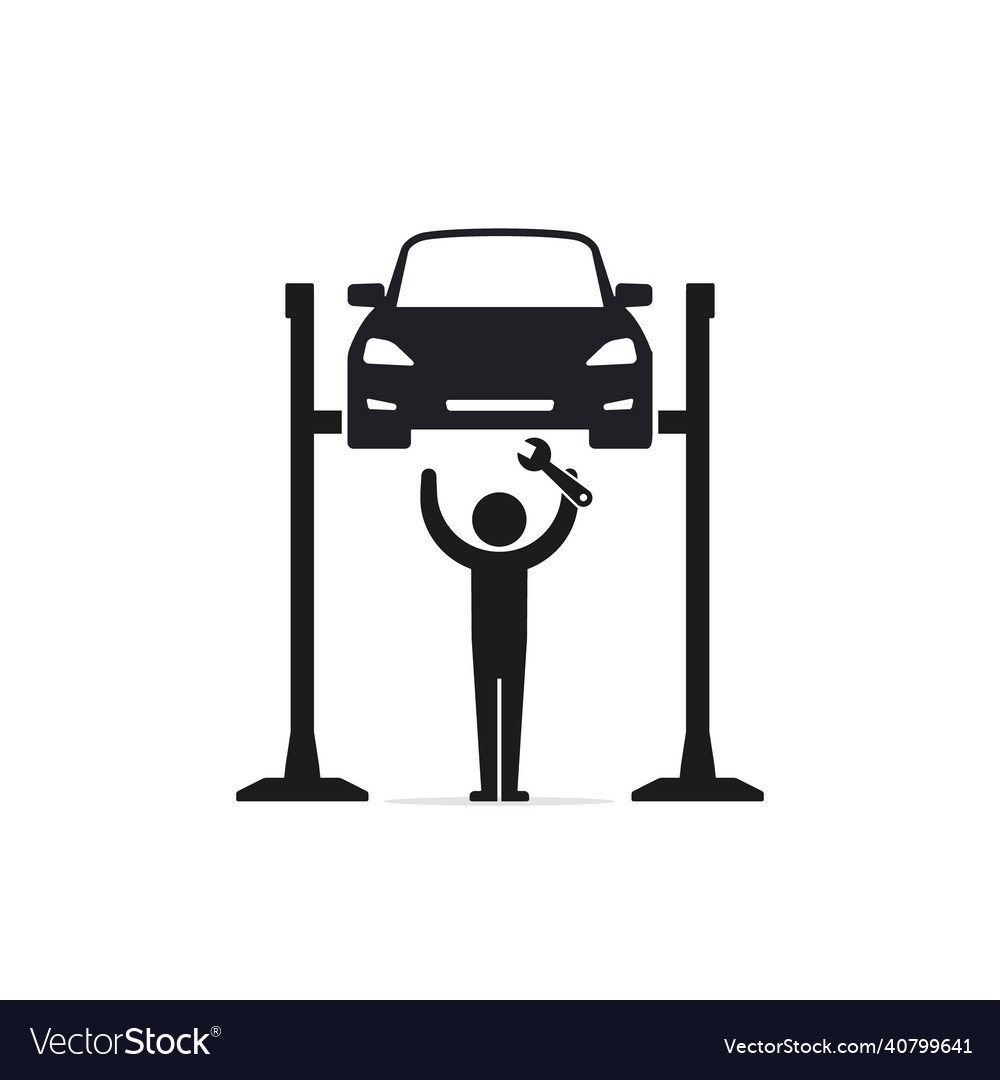 Mechanic repairing a car lifted on auto hoist Vector Image