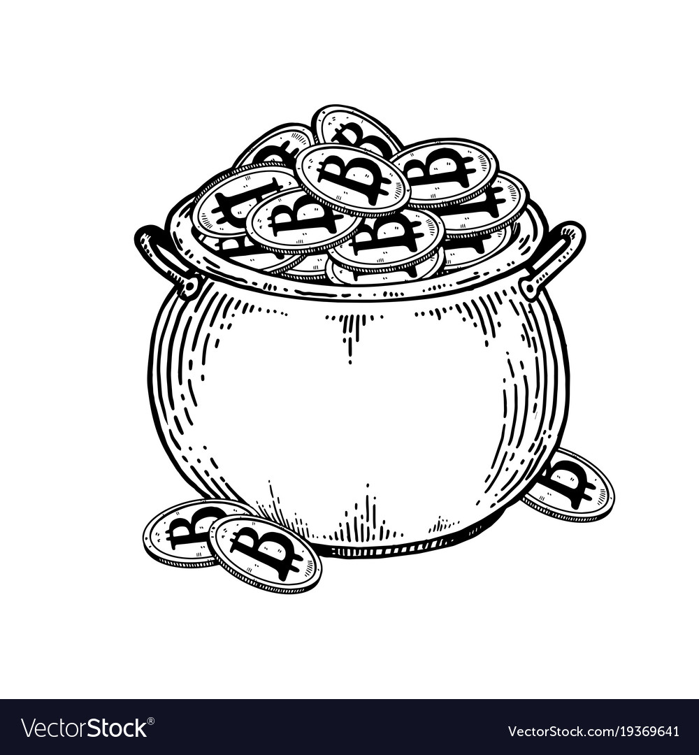 Pot of coins engraving Royalty Free Vector Image