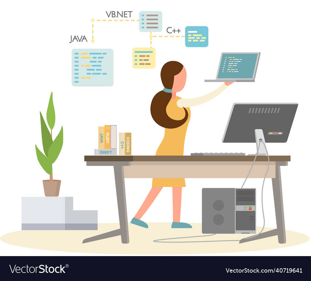 Young woman programmer working and correct errors vector image Young woman programmer working and correct errors