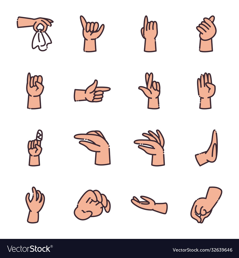 Gestures with hands line and fill style icon set