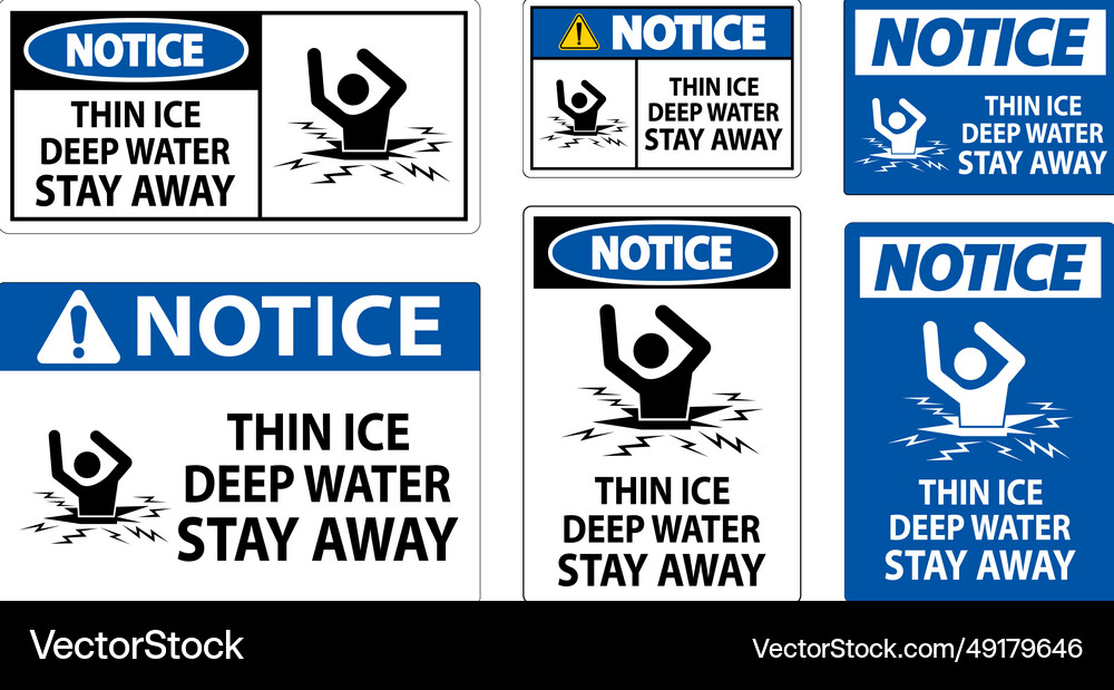 Notice sign thin ice deep water stay away Vector Image