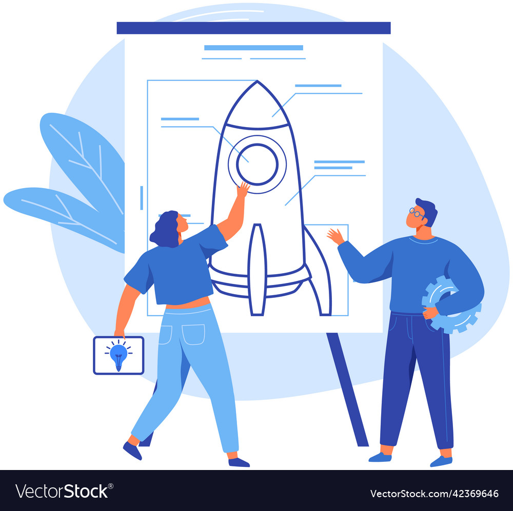People create scheme of rocket for new project vector image People create scheme of rocket for new project