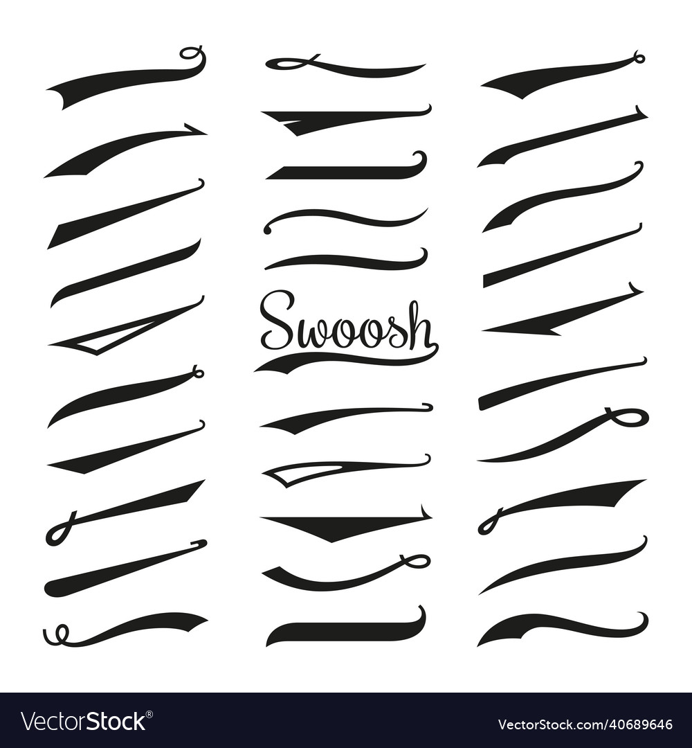 Text swooshes collection. Tail typography retro font graphic elements  baseball letters designs vector objects. Illustration black underline  swirl, swoosh stroke set Stock Vector