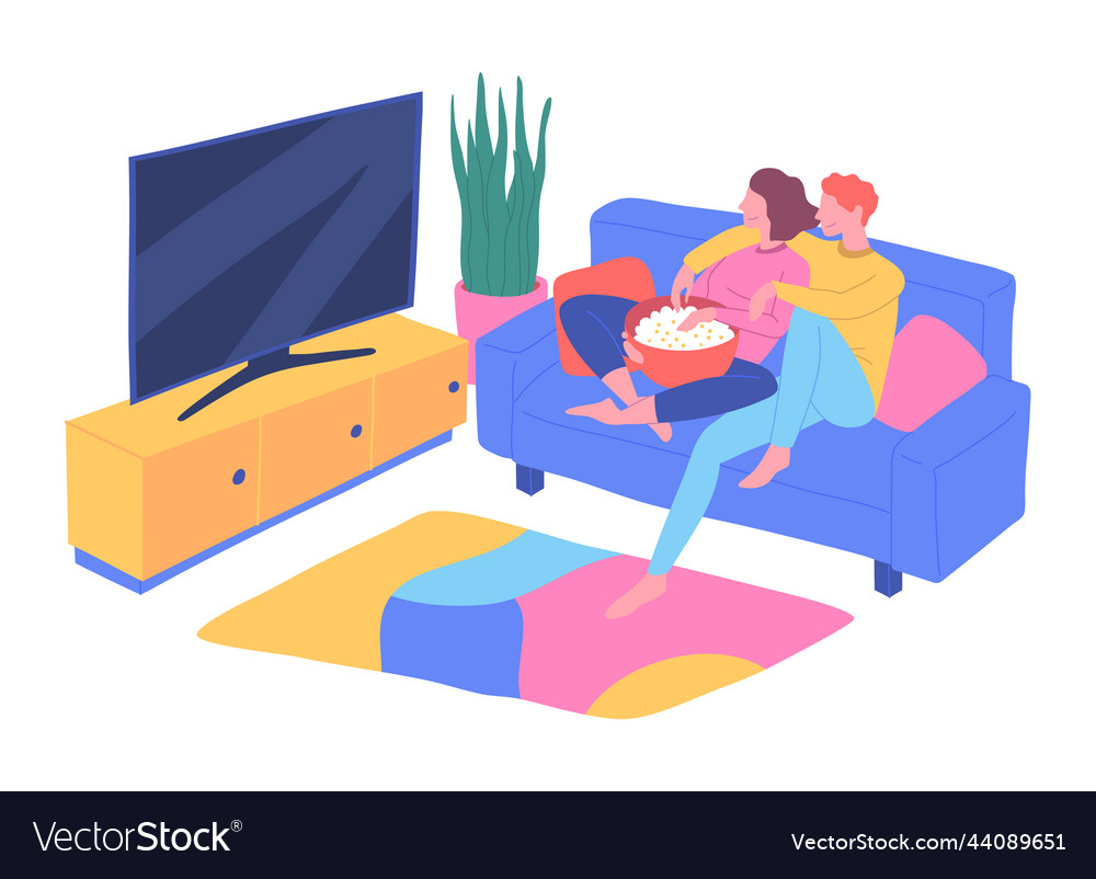 Cartoon color characters young couple watching tv Vector Image