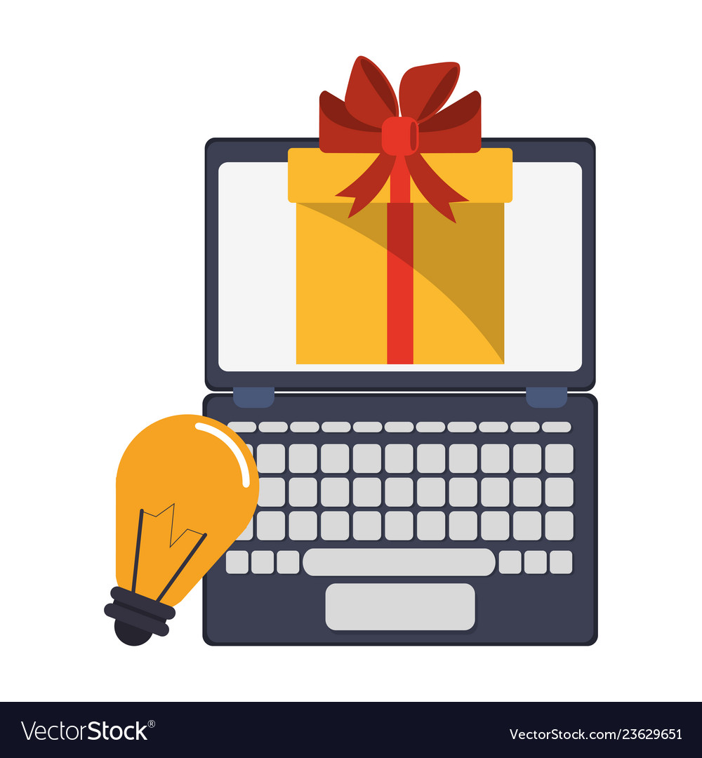 Laptop mit Geschenkbox und Leuchtmittelsymbol