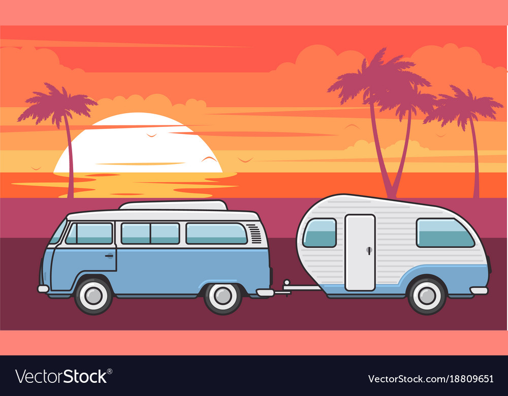 Retro van with camper trailer and evening sea Vector Image