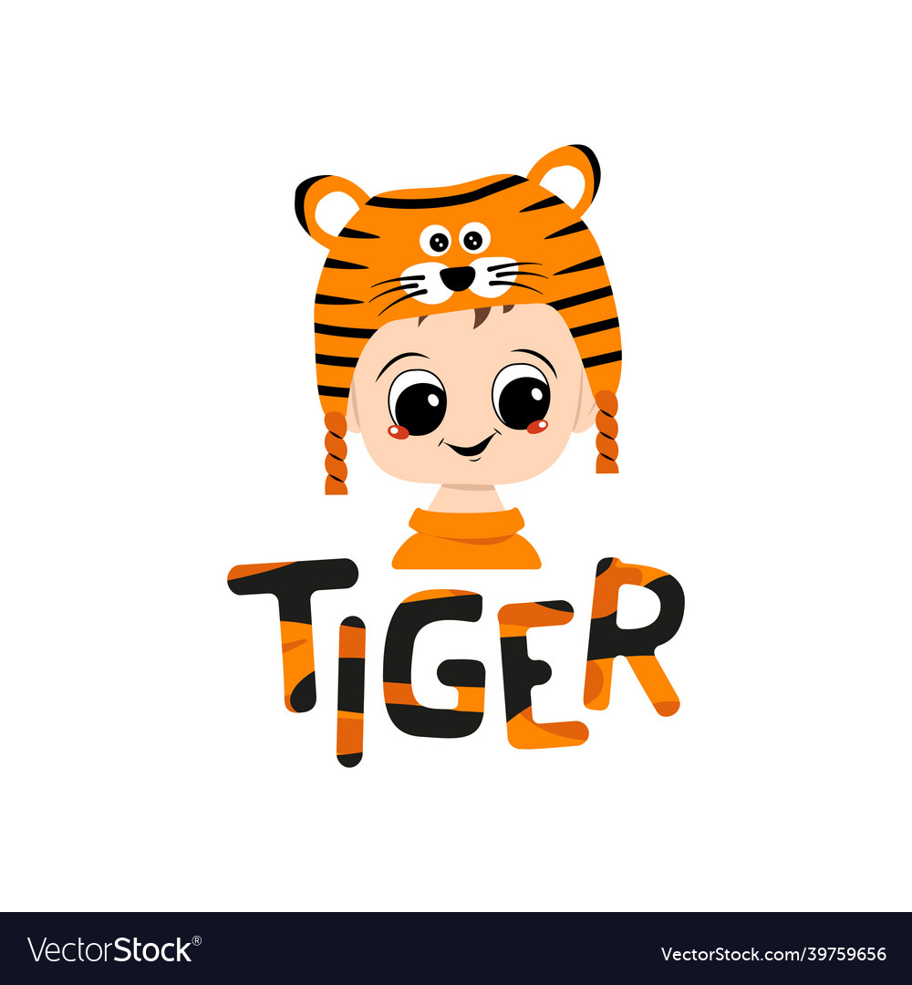 Boy with big eyes and wide smile in tiger hat