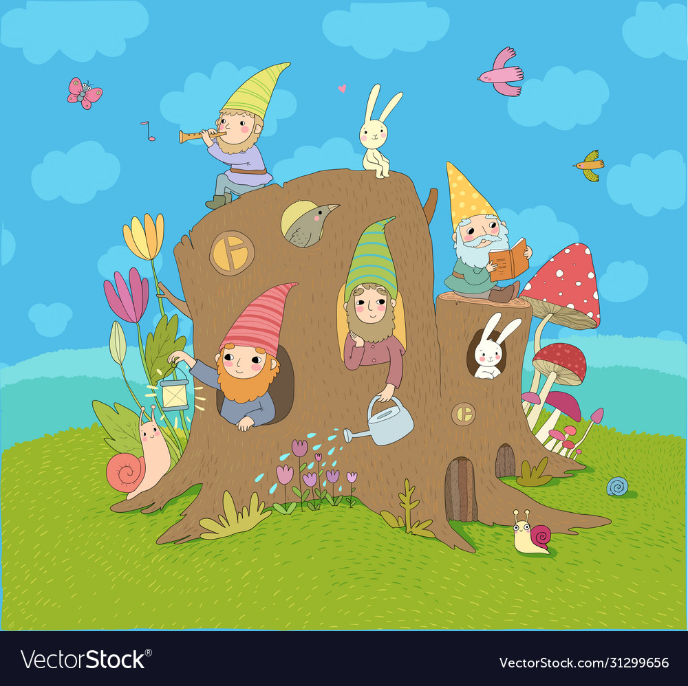 Cute cartoon gnomes in a stump house magic forest