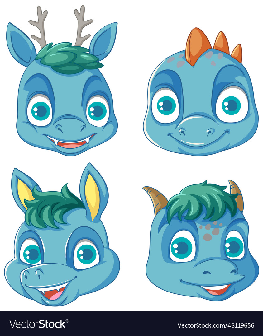 Set of blue dragon monster head Royalty Free Vector Image