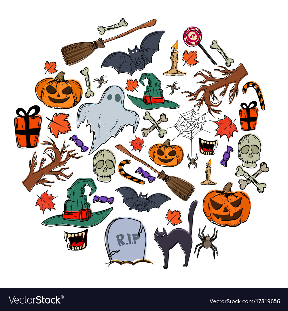 Set of halloween icons in circle shape background