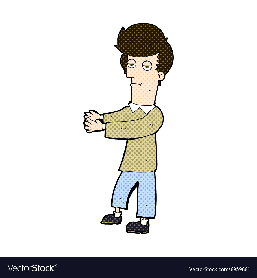 Comic cartoon bored man showing the way Royalty Free Vector