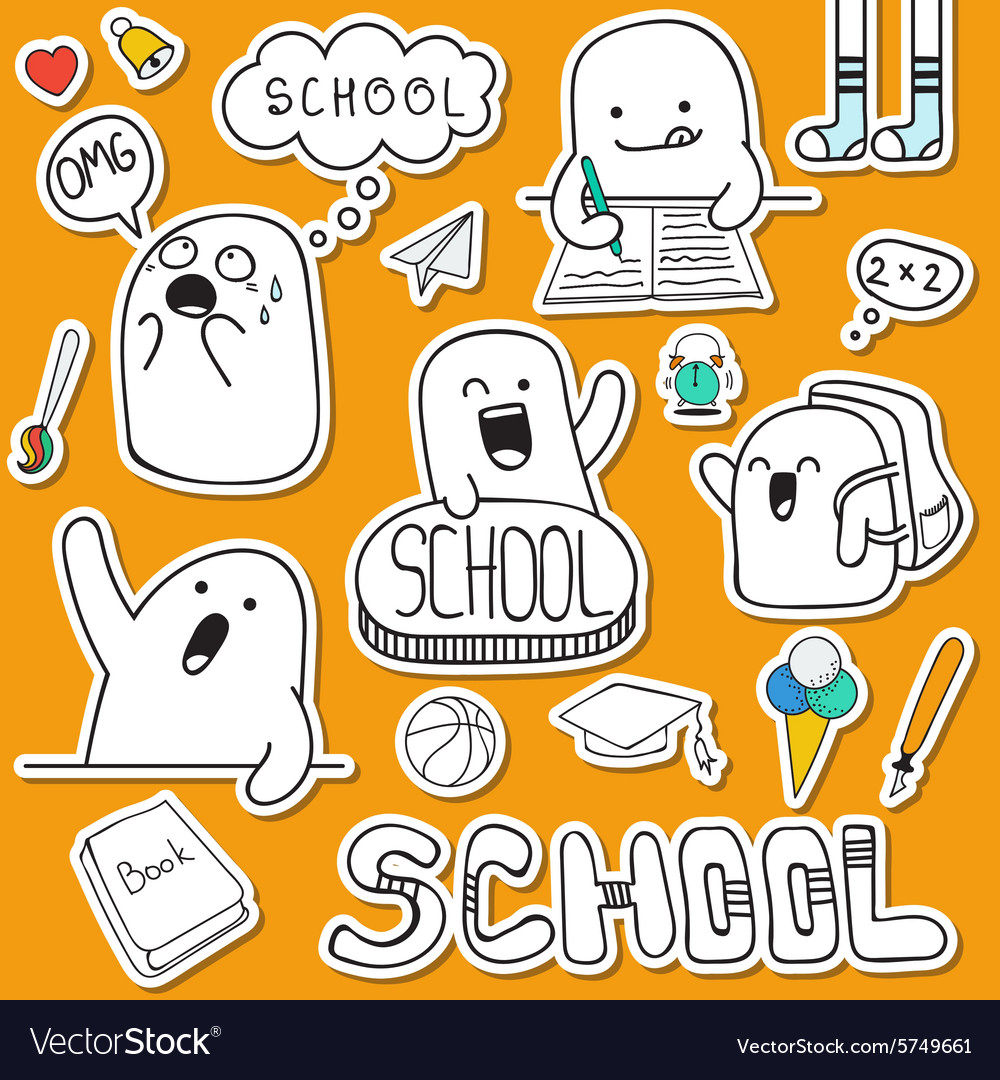 Set sticker doodle characters and school supplies Vector Image