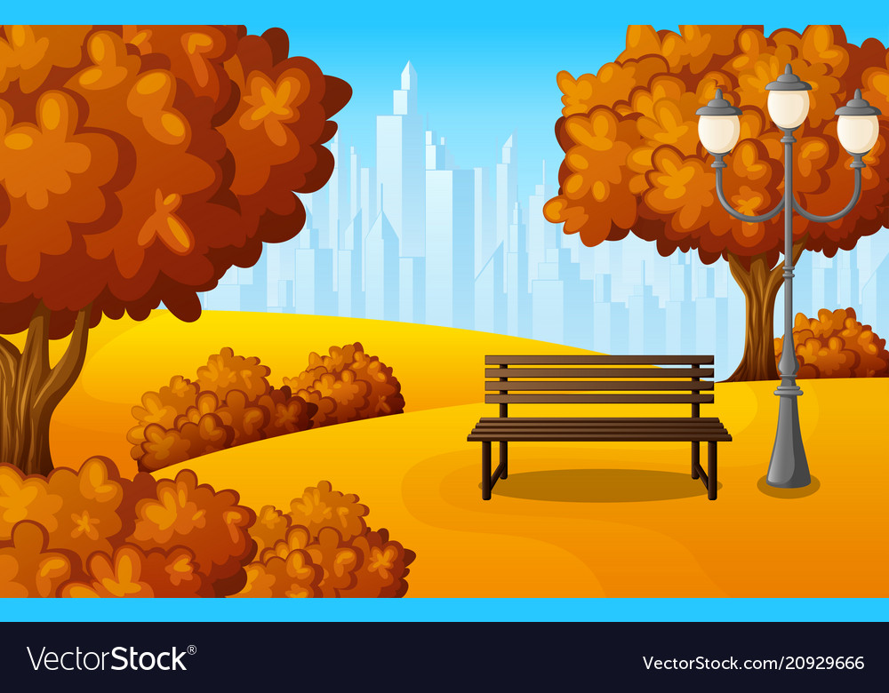 Autumn city park bench with lantern and town build