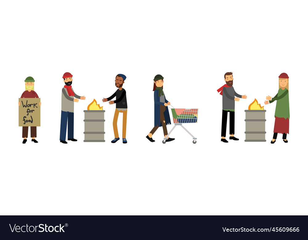 Homeless people characters in rags begging Vector Image