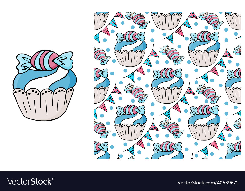 Cupcake muffin set of element and seamless pattern Vector Image Cupcake muffin set of element and seamless pattern