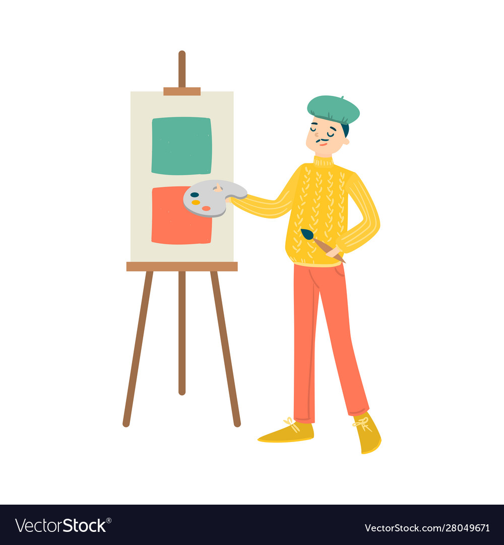 Man in sweater and cap drawing on easel