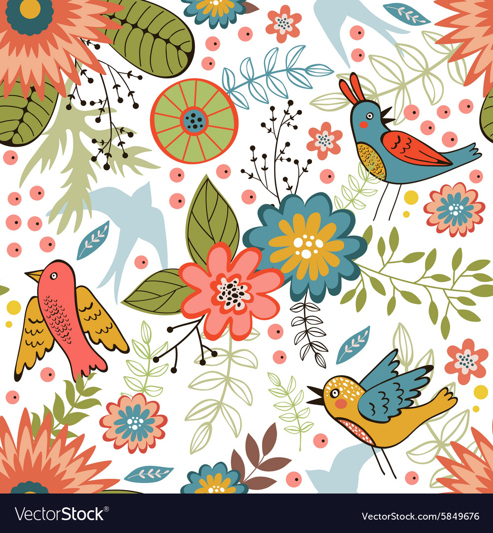 Colorful seamless pattern with birds and blooming