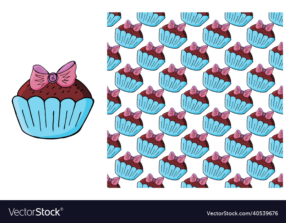 Cupcake muffin set of element and seamless pattern vector image Cupcake muffin set of element and seamless pattern