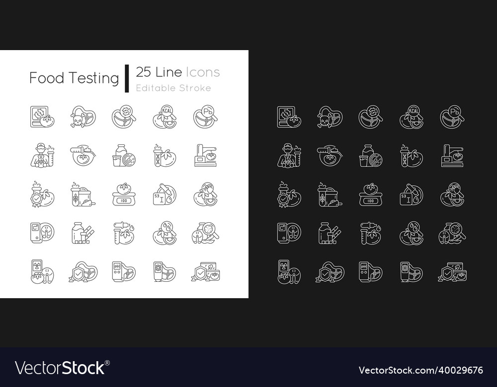 Food testing linear icons set for dark and light vector image Food testing linear icons set for dark and light