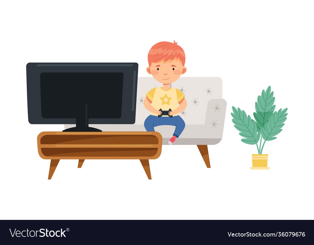 Redhead boy sitting with gamepad on sofa Vector Image Redhead boy sitting with gamepad on sofa Vector Image