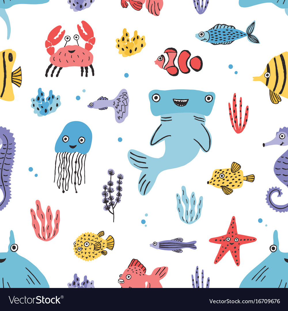 Sea Life Seamless Pattern Hand Drawn Algae Vector Image