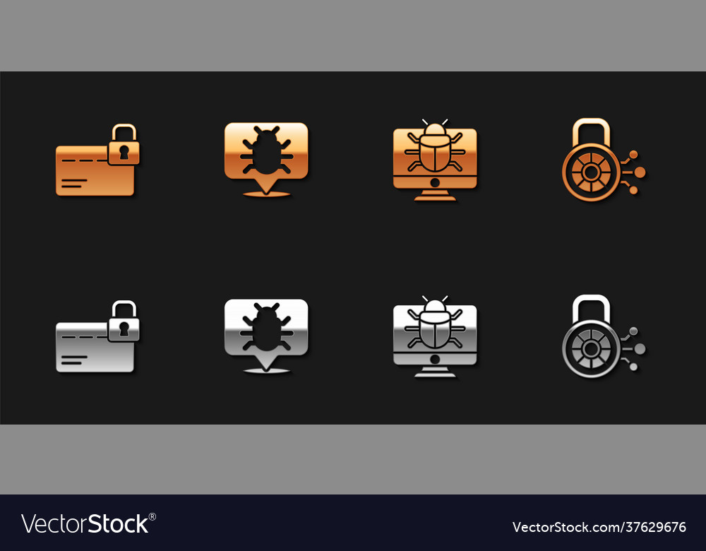 Set credit card with lock system bug on monitor vector image Set credit card with lock system bug on monitor