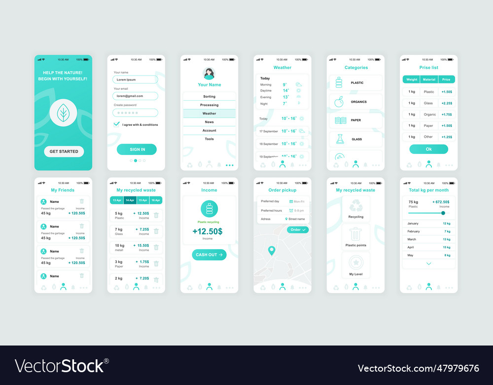 Set of ui ux gui screens ecology app flat design Vector Image